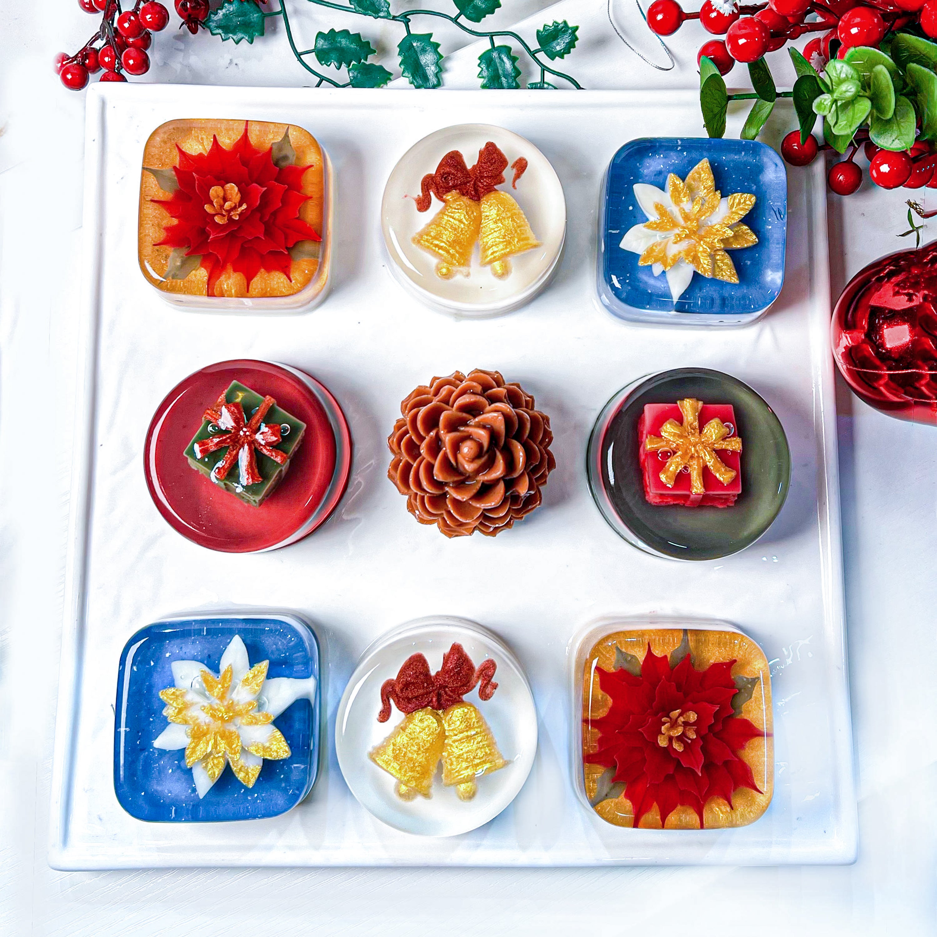JoyousJellyArt platter of Christmas jelly cakes to add cheer to any Xmas gathering.