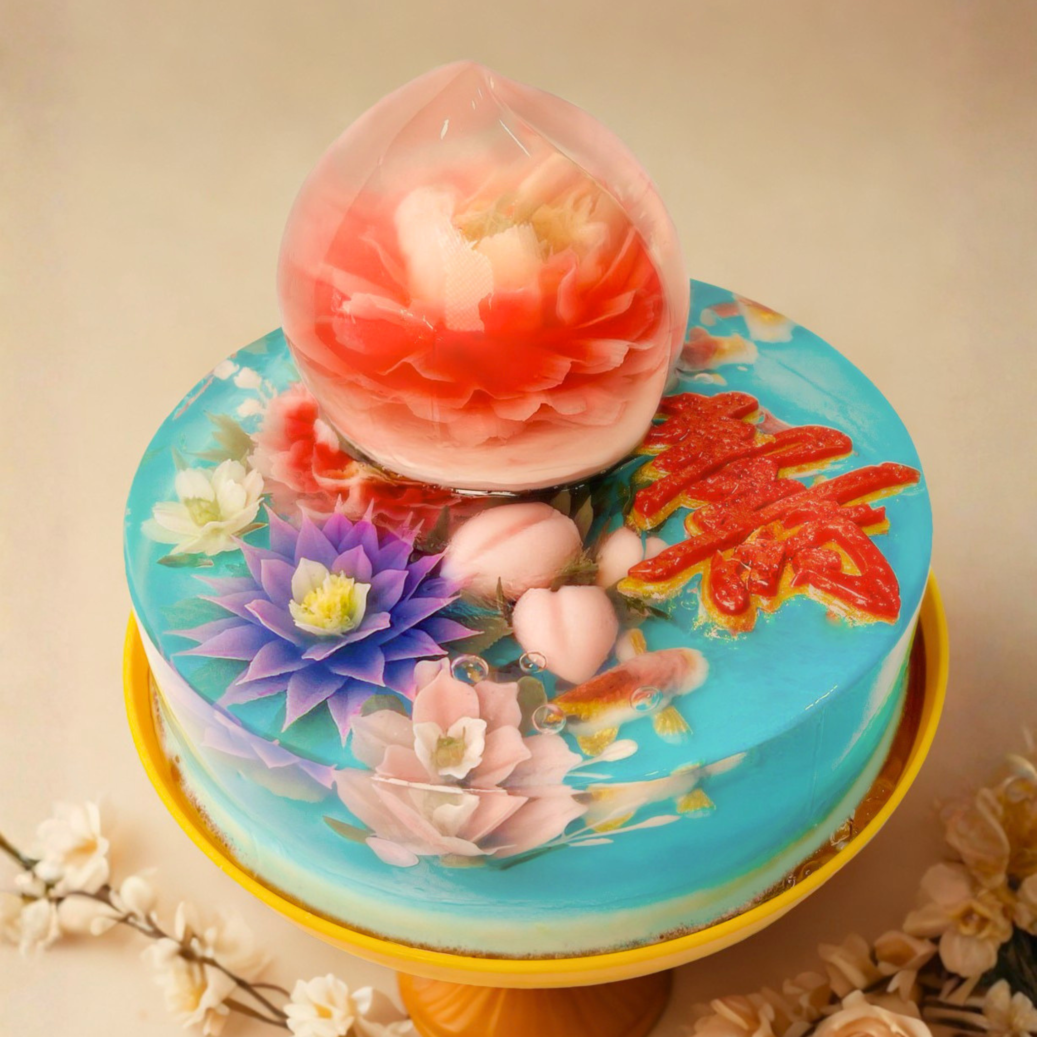 Longevity Crystal Peach & Joyful Koi Pond (3D)