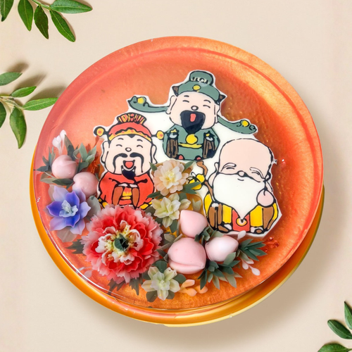 Hand-drawn Jelly Cake of Fu Lu Shou longevity chinese taoist deities with 3D flowers by Jelly Joyous Art